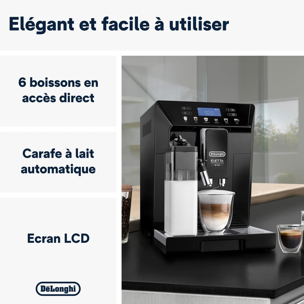 CaffeMecano - Eletta Evo Machine a Café Grain, Machine Expresso et Cappuccino, Ecran LCD Tactile, Noir