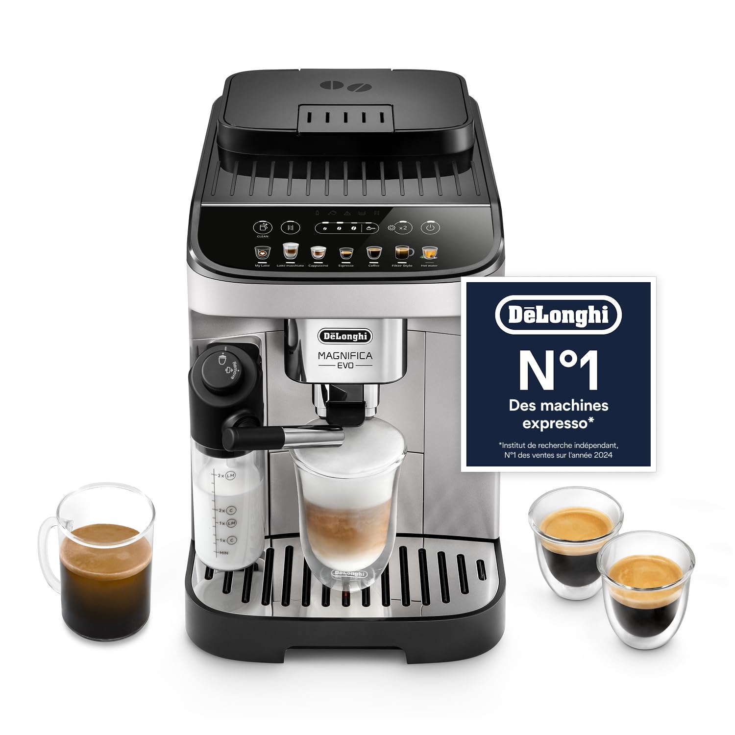 CaffeMecano - Magnifica Evo - Perfetto Machine à Café Automatique avec LatteCrema Mousseur à Lait Automatique, Argent et Noir
