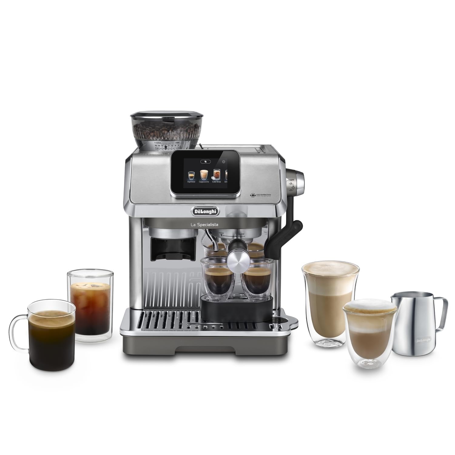 CaffeMecano - La Specialista Touch Machine à expresso avec moulin à café, fonction Cold Brew, métal