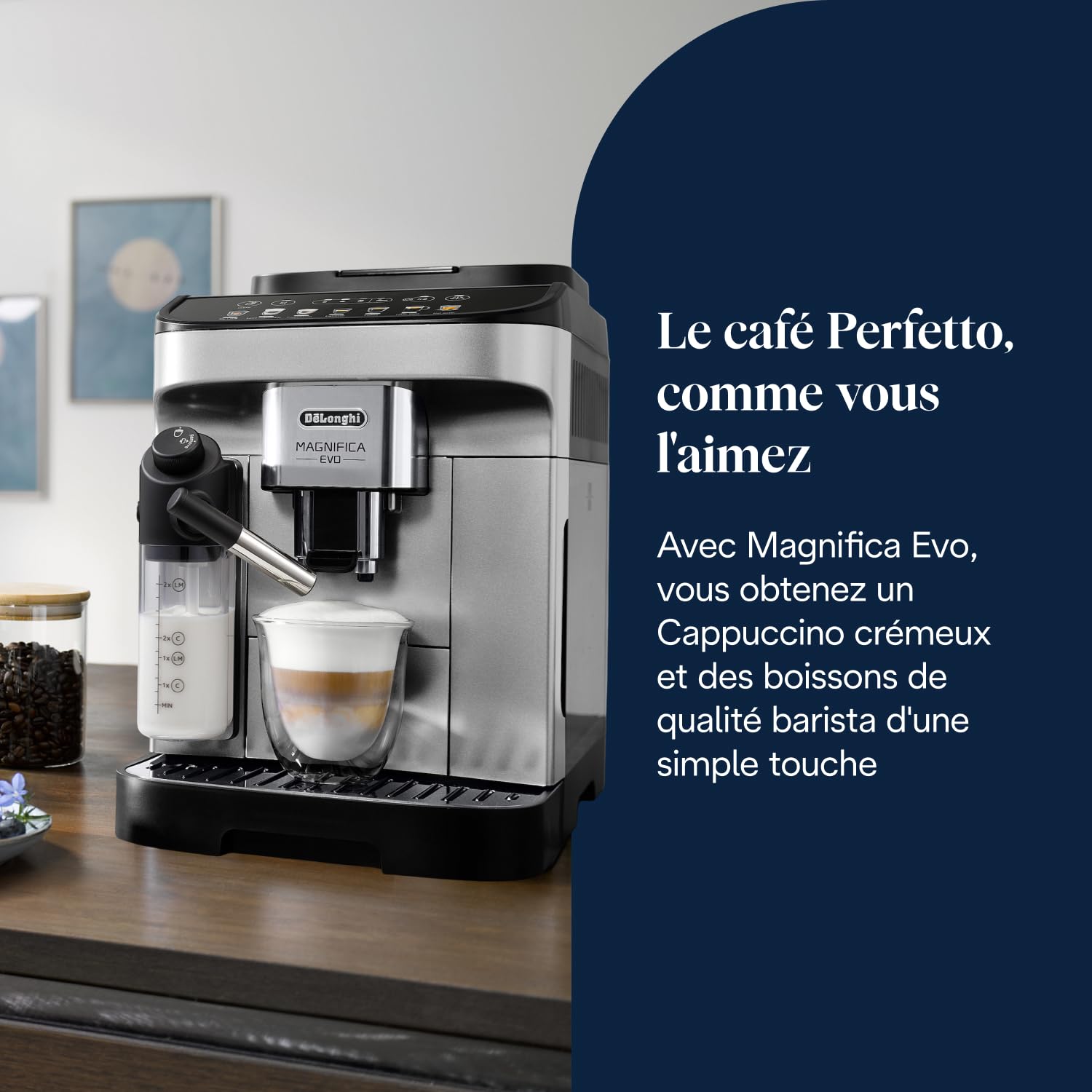 CaffeMecano - Magnifica Evo - Perfetto Machine à Café Automatique avec LatteCrema Mousseur à Lait Automatique, Argent et Noir
